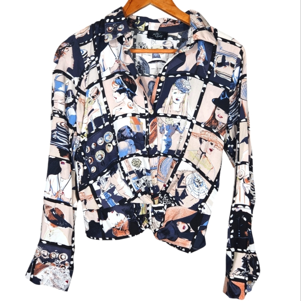 MILK & HONEY Long Sleeve Blouse 90s Hat Lady’s Print Ruched Waist Rayon Women S